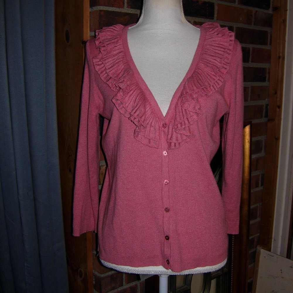 Talbots Pink Ruffle Trimmed Button Front Cardigan M